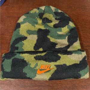 Nike Green and Black Camo Beanie with Orange Logo